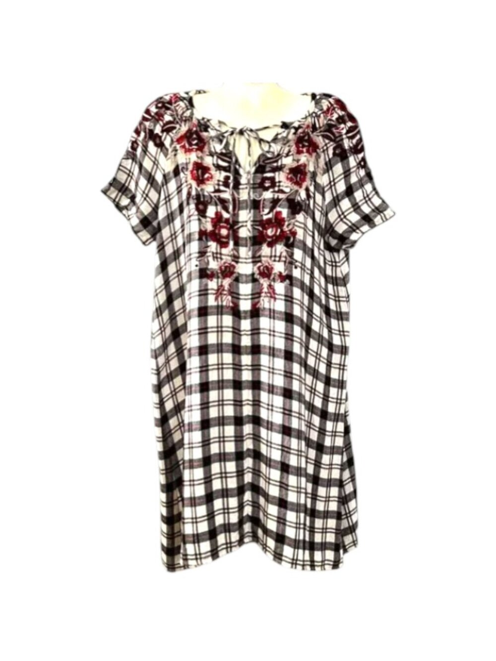 Johnny Was 3J Workshop Red Plaid Floral Embroidered Short Sleeve Tie Dress